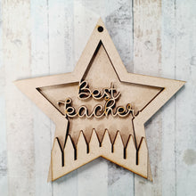 ST012 - MDF Hanging Star - Coloured Pencil Theme Decoration with Choice of Wording - 2 Fonts - Olifantjie - Wooden - MDF - Lasercut - Blank - Craft - Kit - Mixed Media - UK