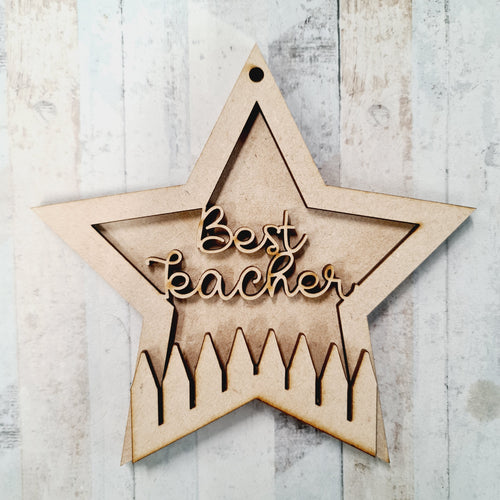 ST012 - MDF Hanging Star - Coloured Pencil Theme Decoration with Choice of Wording - 2 Fonts - Olifantjie - Wooden - MDF - Lasercut - Blank - Craft - Kit - Mixed Media - UK