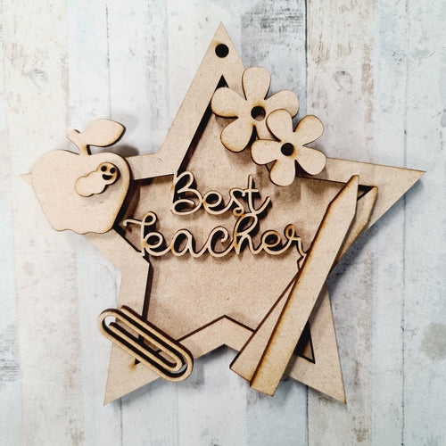 ST011 - MDF Hanging Star - Teacher Theme Decoration with Choice of Wording - 2 Fonts - Olifantjie - Wooden - MDF - Lasercut - Blank - Craft - Kit - Mixed Media - UK