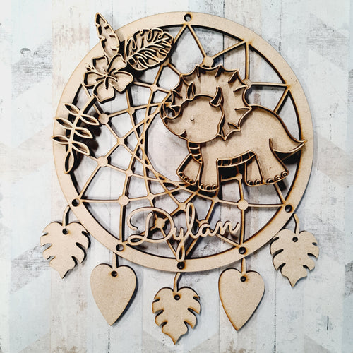 DC076 - MDF Doodle Dinosaur Style 3 Dream Catcher - with Initials, Name or Wording - Olifantjie - Wooden - MDF - Lasercut - Blank - Craft - Kit - Mixed Media - UK