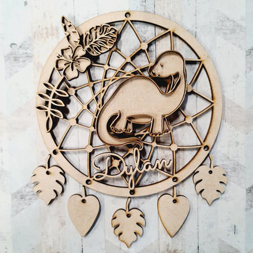 DC077 - MDF Doodle Dinosaur Style 4 Dream Catcher - with Initials, Name or Wording - Olifantjie - Wooden - MDF - Lasercut - Blank - Craft - Kit - Mixed Media - UK