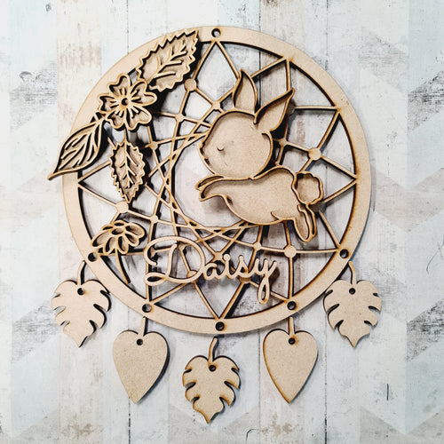 DC079- MDF Doodle Woodland -  Cute Baby Bunny  Dream Catcher - with Initials, Name or Wording - Olifantjie - Wooden - MDF - Lasercut - Blank - Craft - Kit - Mixed Media - UK