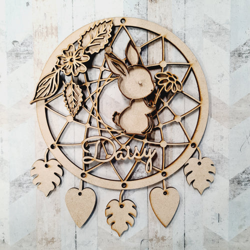 DC080- MDF Doodle Woodland -   Bunny  Dream Catcher - with Initials, Name or Wording - Olifantjie - Wooden - MDF - Lasercut - Blank - Craft - Kit - Mixed Media - UK