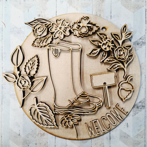 OL1671 - MDF Gardening Doodle  -  Welly Floral plaque personalised - Olifantjie - Wooden - MDF - Lasercut - Blank - Craft - Kit - Mixed Media - UK