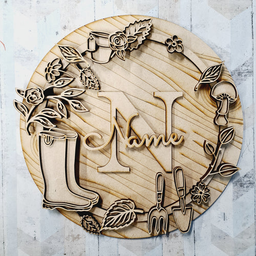 OL1680 - MDF Gardening doodle Large Personalised Wreath  Plaque - Olifantjie - Wooden - MDF - Lasercut - Blank - Craft - Kit - Mixed Media - UK