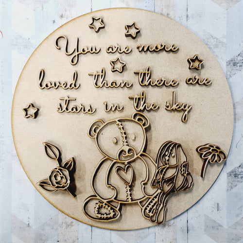 OL1609- MDF Round Nursery Doodle Teddy and Bunny Plaque ‘you are more loved than there are stars in the sky’ - Olifantjie - Wooden - MDF - Lasercut - Blank - Craft - Kit - Mixed Media - UK