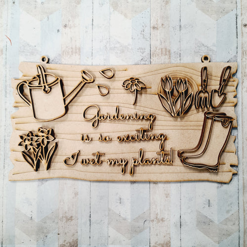 OL1673 - MDF Rectangle Gardening Doodle Plaque - ‘Gardening is so exciting I wet my plants’ - Olifantjie - Wooden - MDF - Lasercut - Blank - Craft - Kit - Mixed Media - UK