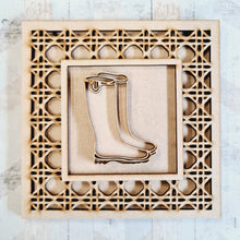 OL1657- MDF Rattan effect square plaque - Gardening Doodles - Wellies - Olifantjie - Wooden - MDF - Lasercut - Blank - Craft - Kit - Mixed Media - UK