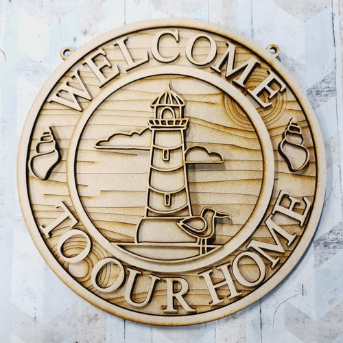 OL1701 - MDF Seaside Doodles -  Round Light House Scene Layered Plaque ‘Welcome to our home’ - Olifantjie - Wooden - MDF - Lasercut - Blank - Craft - Kit - Mixed Media - UK