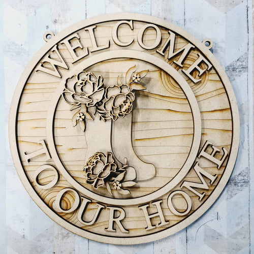 OL1644 - MDF Floral Wellies Circle ‘welcome to our home ’ Plaque - Peony Flowers - Olifantjie - Wooden - MDF - Lasercut - Blank - Craft - Kit - Mixed Media - UK