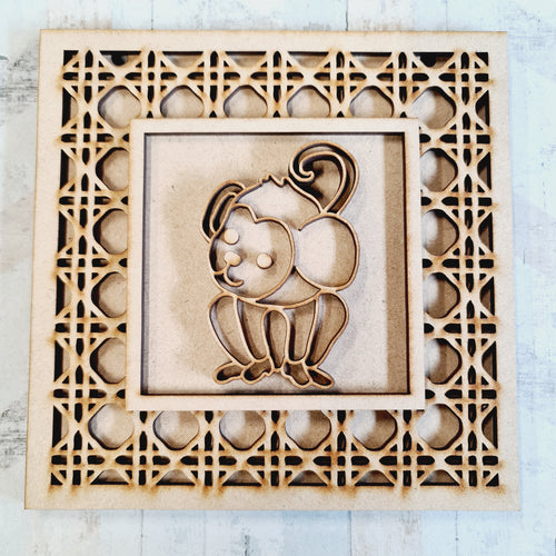 OL1723 - MDF Rattan effect square plaque with jungle doodle - Monkey 2 - Olifantjie - Wooden - MDF - Lasercut - Blank - Craft - Kit - Mixed Media - UK
