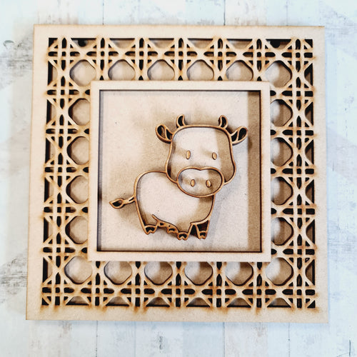 OL1755 - MDF Rattan effect square plaque with farm doodle - Cow 2 - Olifantjie - Wooden - MDF - Lasercut - Blank - Craft - Kit - Mixed Media - UK