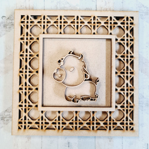 OL1756 - MDF Rattan effect square plaque with farm doodle - Cow 2 - Olifantjie - Wooden - MDF - Lasercut - Blank - Craft - Kit - Mixed Media - UK