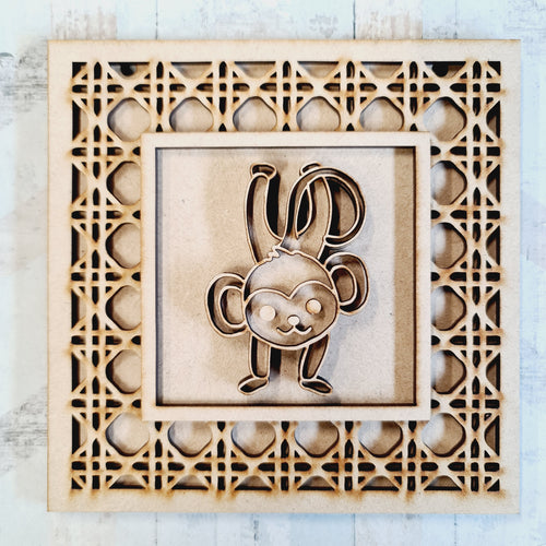 OL1722 - MDF Rattan effect square plaque with jungle doodle - Monkey 1 - Olifantjie - Wooden - MDF - Lasercut - Blank - Craft - Kit - Mixed Media - UK