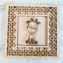 OL1734 - MDF Rattan effect square plaque with jungle doodle - Giraffe - Olifantjie - Wooden - MDF - Lasercut - Blank - Craft - Kit - Mixed Media - UK