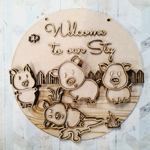 OL1771 - MDF Full Farm personalised doodle circle plaque - Welcome to our Sty' Pigs - Olifantjie - Wooden - MDF - Lasercut - Blank - Craft - Kit - Mixed Media - UK
