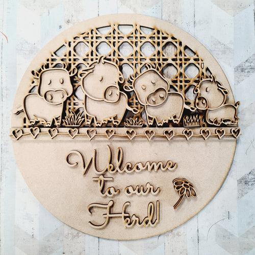 OL1758 - MDF Doodle Farm Cow ‘Welcome to our herd’  Rattan Circle  Plaque - Olifantjie - Wooden - MDF - Lasercut - Blank - Craft - Kit - Mixed Media - UK