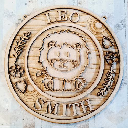 OL1708 - MDF Jungle doodle Circle Personalised Plaque - Lion - Olifantjie - Wooden - MDF - Lasercut - Blank - Craft - Kit - Mixed Media - UK