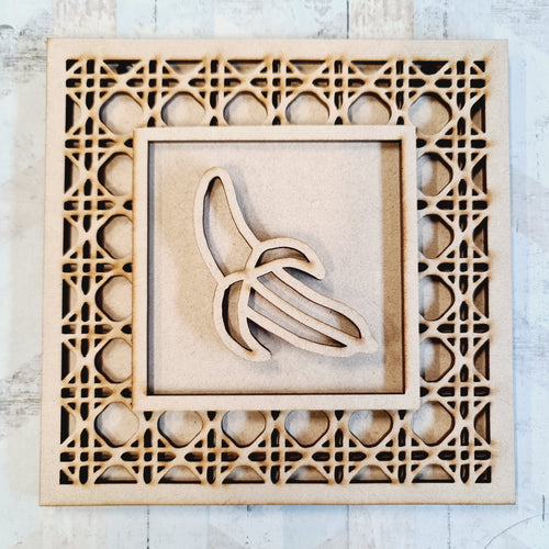 OL1725 - MDF Rattan effect square plaque with jungle doodle - Banana - Olifantjie - Wooden - MDF - Lasercut - Blank - Craft - Kit - Mixed Media - UK