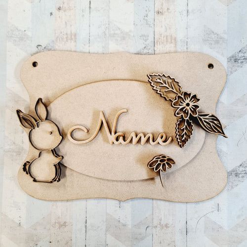 OP083 - MDF Doodle woodland Themed Personalised Plaque - Adult Rabbit - Olifantjie - Wooden - MDF - Lasercut - Blank - Craft - Kit - Mixed Media - UK