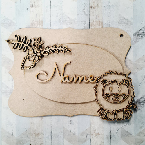 OP093 - MDF Doodle Jungle  Themed Personalised Plaque - Lion - Olifantjie - Wooden - MDF - Lasercut - Blank - Craft - Kit - Mixed Media - UK