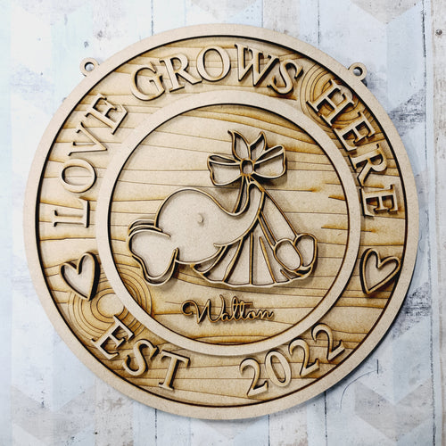 OL1761 - MDF Jungle personalised doodle Circle ‘love  grows here’ est date Plaque - Elephant - Olifantjie - Wooden - MDF - Lasercut - Blank - Craft - Kit - Mixed Media - UK