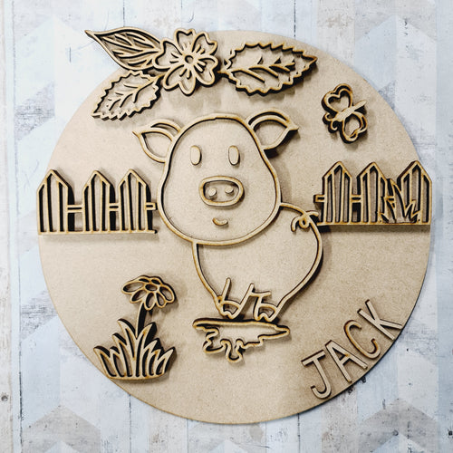 OL1773 - MDF Doodle Farm - Pig Style 1 plaque personalised - Olifantjie - Wooden - MDF - Lasercut - Blank - Craft - Kit - Mixed Media - UK