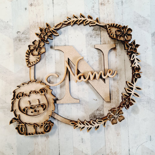 OL1711 - MDF Jungle doodle Personalised Wreath - Lion - Olifantjie - Wooden - MDF - Lasercut - Blank - Craft - Kit - Mixed Media - UK