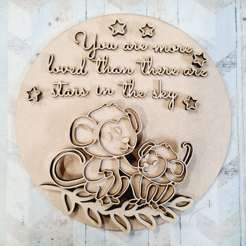 OL1813 - MDF Round Doodle Jungle - Monkey Plaque ‘you are more loved than there are stars in the sky’ - Olifantjie - Wooden - MDF - Lasercut - Blank - Craft - Kit - Mixed Media - UK