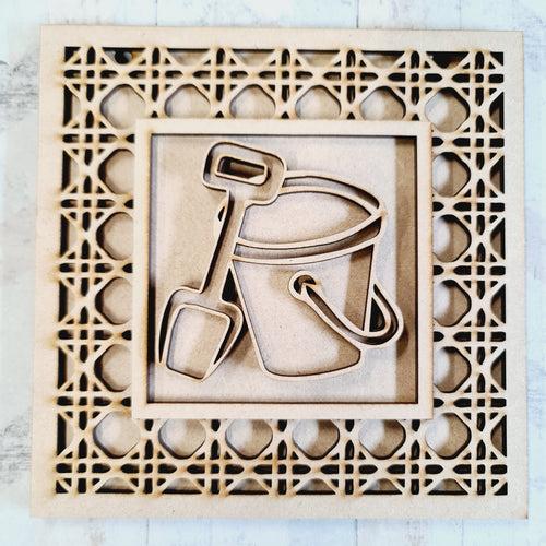 OL1804 - MDF Rattan effect square plaque - Seaside Doodles - Bucket and Spade - Olifantjie - Wooden - MDF - Lasercut - Blank - Craft - Kit - Mixed Media - UK