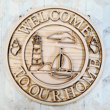 OL1806 - MDF Seaside Doodles -  Round Sailboat & Lighthouse Scene Layered Plaque ‘Welcome to our home’ - Olifantjie - Wooden - MDF - Lasercut - Blank - Craft - Kit - Mixed Media - UK