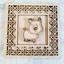 OL1776 - MDF Rattan effect square plaque with farm doodle - Pig 2 - Olifantjie - Wooden - MDF - Lasercut - Blank - Craft - Kit - Mixed Media - UK