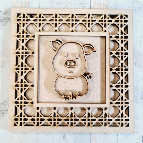 OL1777 - MDF Rattan effect square plaque with farm doodle - Pig 3 - Olifantjie - Wooden - MDF - Lasercut - Blank - Craft - Kit - Mixed Media - UK