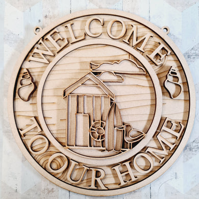 OL1700 - MDF Seaside Doodles -  Round Beach Hut Scene Layered Plaque ‘Welcome to our home’ - Olifantjie - Wooden - MDF - Lasercut - Blank - Craft - Kit - Mixed Media - UK