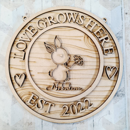 OL1640 - MDF Woodland personalised doodle Circle ‘love  grows here’ est date Plaque - Bunny - Olifantjie - Wooden - MDF - Lasercut - Blank - Craft - Kit - Mixed Media - UK