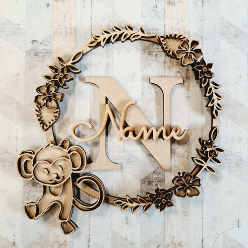 OL1743 - MDF Jungle doodle Personalised Wreath - Monkey - Olifantjie - Wooden - MDF - Lasercut - Blank - Craft - Kit - Mixed Media - UK