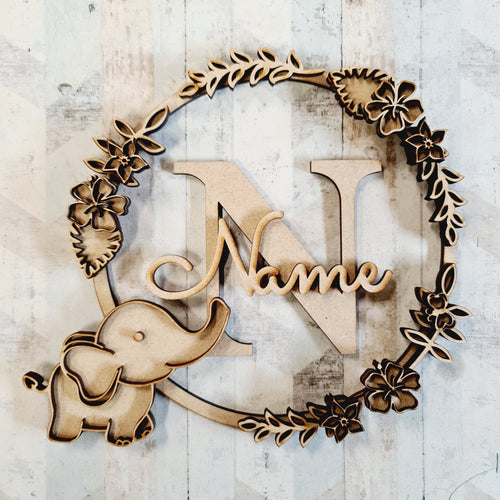 OL1744 - MDF Jungle doodle Personalised Wreath - Elephant style 2 - Olifantjie - Wooden - MDF - Lasercut - Blank - Craft - Kit - Mixed Media - UK