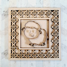 OL1793 - MDF Rattan effect square plaque with farm doodle - Sheep 1 - Olifantjie - Wooden - MDF - Lasercut - Blank - Craft - Kit - Mixed Media - UK