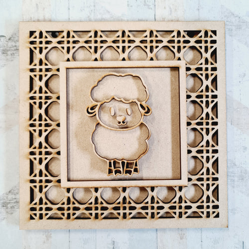 OL1795 - MDF Rattan effect square plaque with farm doodle - Sheep 3 - Olifantjie - Wooden - MDF - Lasercut - Blank - Craft - Kit - Mixed Media - UK