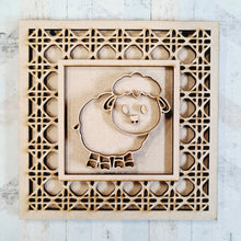 OL1796 - MDF Rattan effect square plaque with farm doodle - Sheep 4 - Olifantjie - Wooden - MDF - Lasercut - Blank - Craft - Kit - Mixed Media - UK