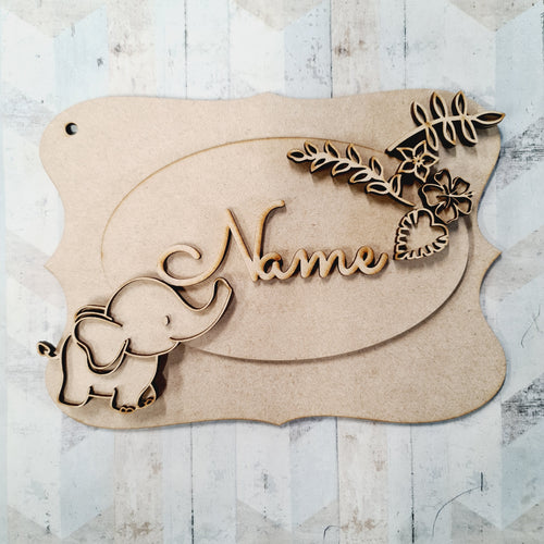 OP094 - MDF Doodle Jungle  Themed Personalised Plaque - Elephant style 2 - Olifantjie - Wooden - MDF - Lasercut - Blank - Craft - Kit - Mixed Media - UK