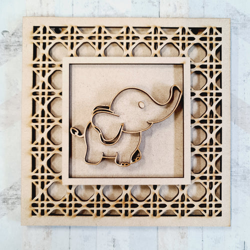 OL1747 - MDF Rattan effect square plaque with jungle doodle -Elephant style 2 - Olifantjie - Wooden - MDF - Lasercut - Blank - Craft - Kit - Mixed Media - UK