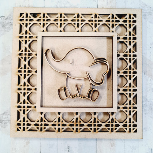 OL1748 - MDF Rattan effect square plaque with jungle doodle -Elephant style 1 - Olifantjie - Wooden - MDF - Lasercut - Blank - Craft - Kit - Mixed Media - UK