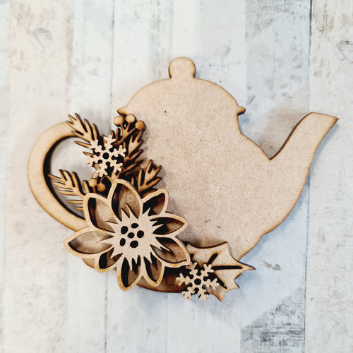 Sale OL865 - MDF Mini Teapot - Poinsettia - Olifantjie - Wooden - MDF - Lasercut - Blank - Craft - Kit - Mixed Media - UK