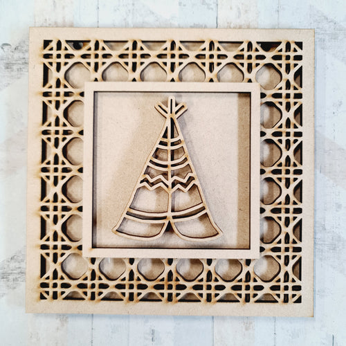 OL1828 - MDF Rattan effect square plaque with doodle Tribal - Teepee - Olifantjie - Wooden - MDF - Lasercut - Blank - Craft - Kit - Mixed Media - UK