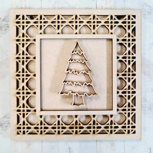 OL1829 - MDF Rattan effect square plaque with doodle Tribal - Tree - Olifantjie - Wooden - MDF - Lasercut - Blank - Craft - Kit - Mixed Media - UK
