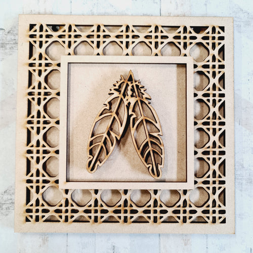 OL1830 - MDF Rattan effect square plaque with doodle Tribal - Feathers - Olifantjie - Wooden - MDF - Lasercut - Blank - Craft - Kit - Mixed Media - UK