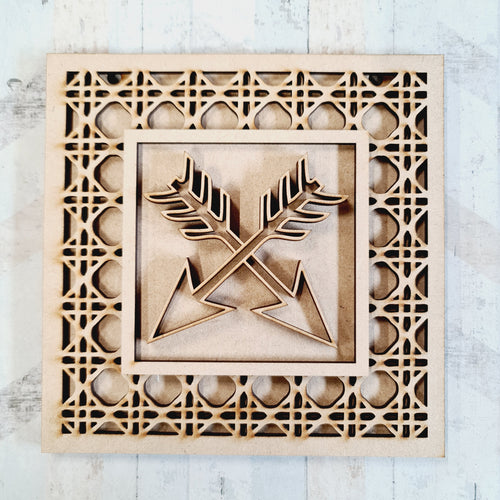OL1831 - MDF Rattan effect square plaque with doodle Tribal - Arrows - Olifantjie - Wooden - MDF - Lasercut - Blank - Craft - Kit - Mixed Media - UK
