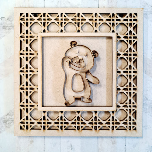 OL1847 - MDF Rattan effect square plaque with doodle Tribal - Bear 3 - Olifantjie - Wooden - MDF - Lasercut - Blank - Craft - Kit - Mixed Media - UK