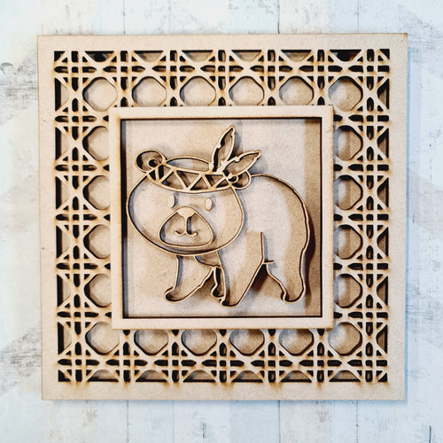 OL1848 - MDF Rattan effect square plaque with doodle Tribal - Bear 5 - Olifantjie - Wooden - MDF - Lasercut - Blank - Craft - Kit - Mixed Media - UK